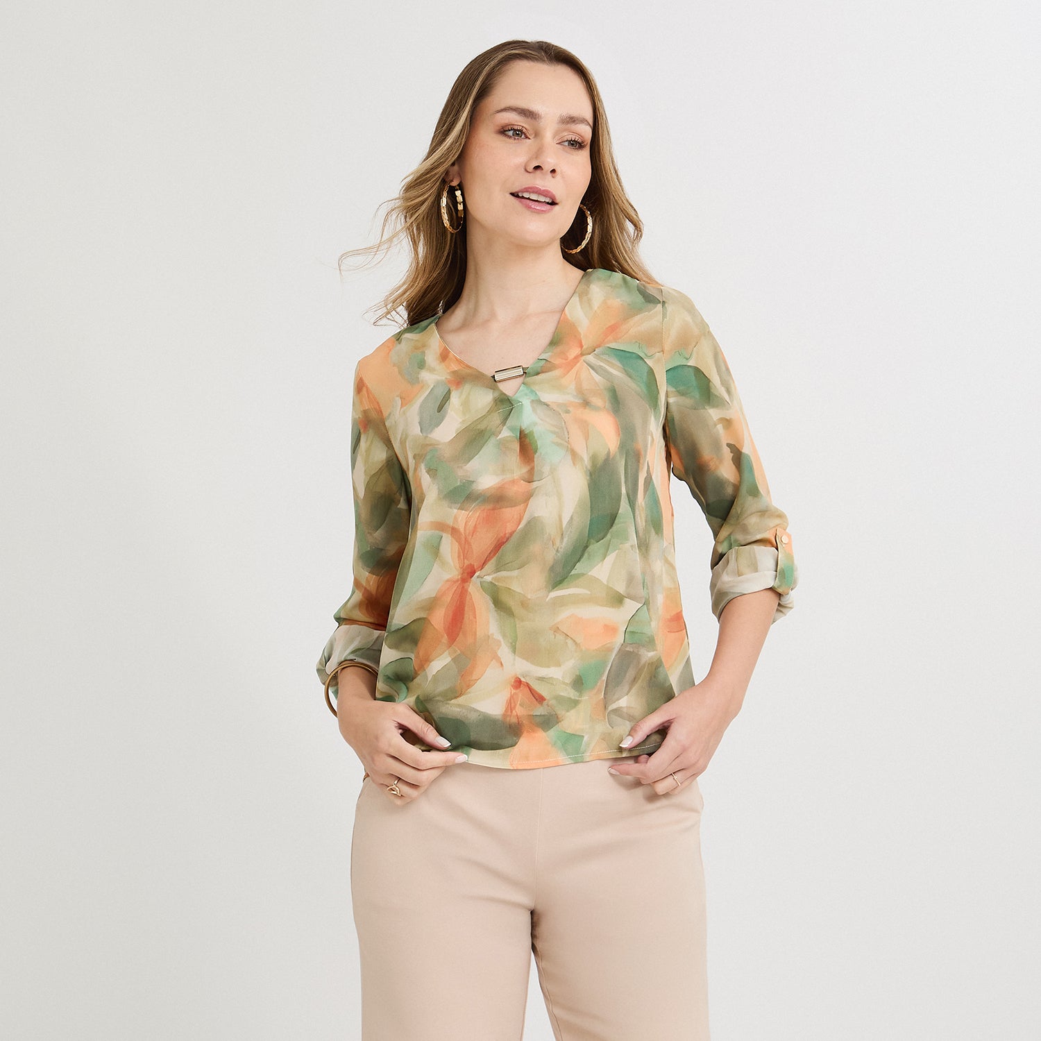 Blusa Manga Larga Escote V Estampada Terracota
